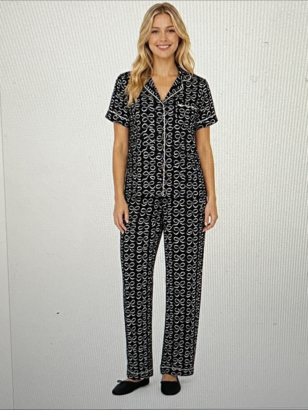 NWT Kate Spade Black Light Pink Bow-Print Short Sleeve Pajama Set